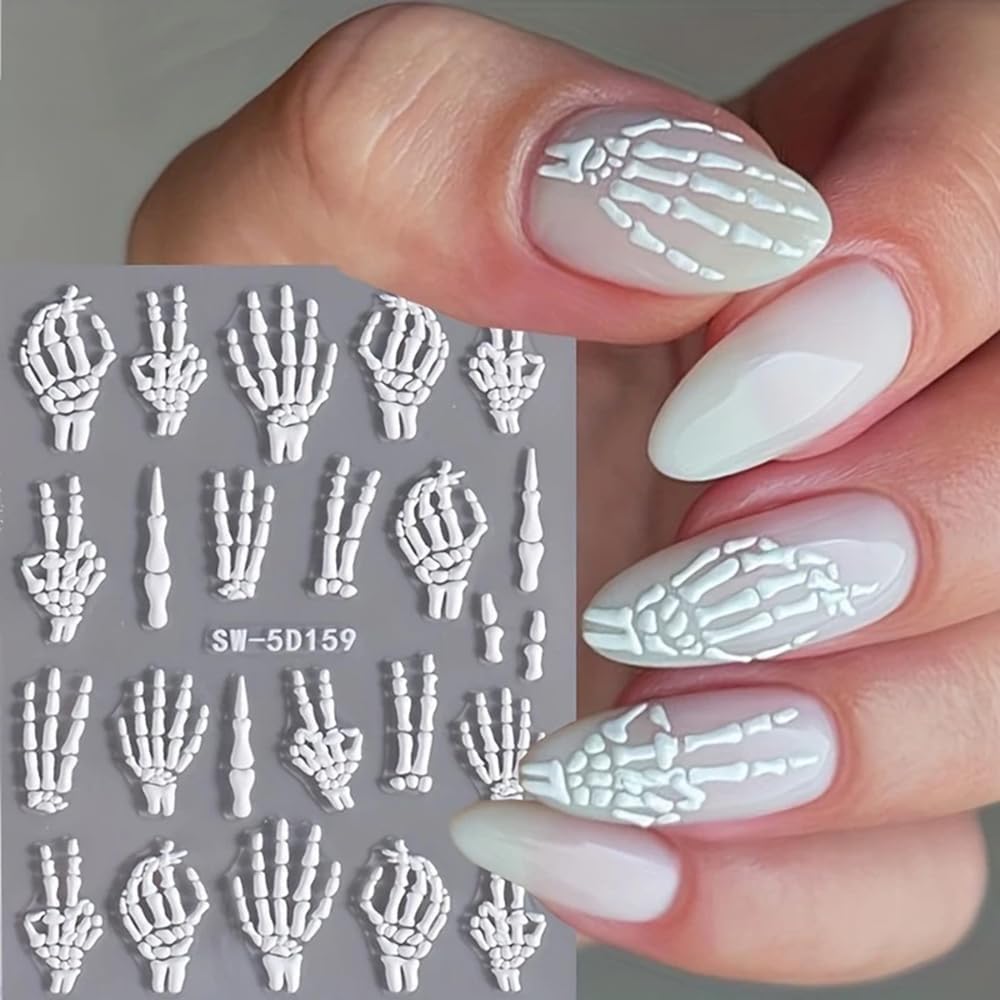 3Pcs Skull & Ribcage 5D Nail Stickers - Y2K Gothic Horror Design, Self-Adhesive Foil Decals Halloween Nail Art, Single-Use Plastic Embossed Animal Print, Golden, White, Rose Gold Skull Nails Decals