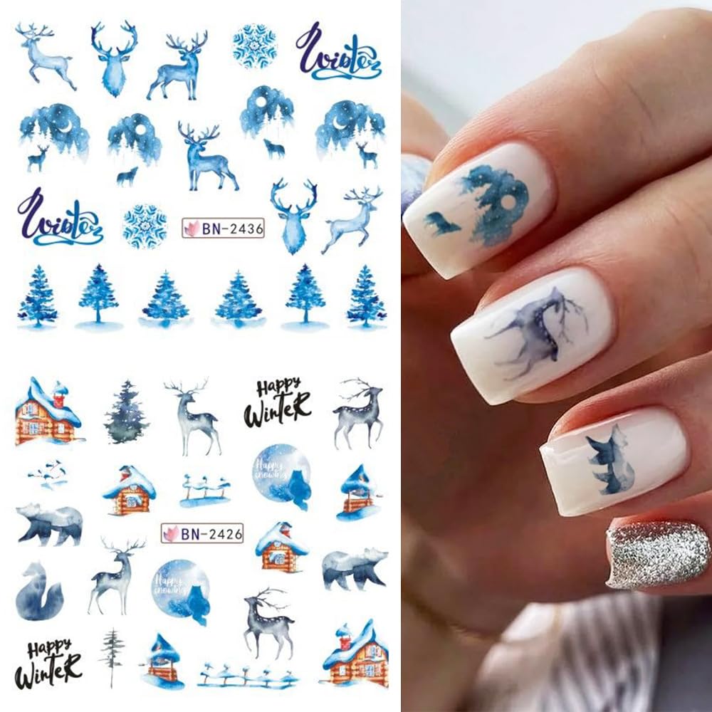 Christmas Nail Art Stickers Snowflake Water Transfer Nail Decals Winter Snow Flake Elk Cold Ice Bear Tree Nail Design Stickers for Nail Art Acrylic Watermark Nail Foils for Christmas Nail Decor 12Pcs