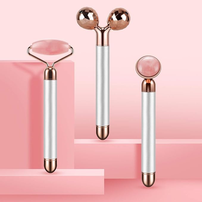DANGSHAN 3-in-1 Electric Jade Roller 3D Roller Facial Roller & Face Massager, Rose Quartz