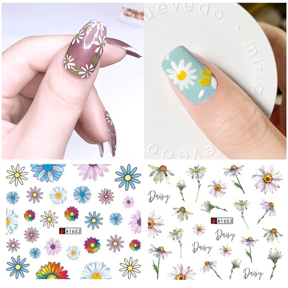 Daisy Nail Art Stickers Decals, 12 Sheets Flower Designs Water Transfer Nails Foils Spring Summer Daisy Nail Art Supplies Watermark Slider Nail Stickers Manicure DIY Decorations for Women