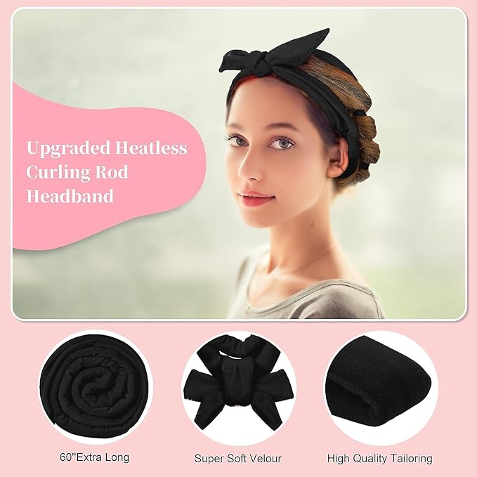 Heatless Curling Rod Headband, Upgraded 60" Extra Long Heatless Curls Headband Soft Hair Curlers to Sleep In Hair Rollers No Heat Curls (Deep Black)