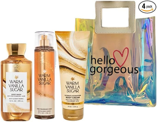 Bath & Body Works - 3 Piece Bundle - Spray - Body Cream - Shower Gel - Full Size and Gift Bag HELLO GORGEOUS (Warm Vanilla Sugar)