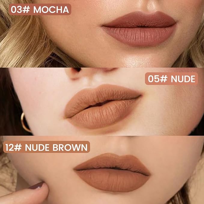 3Pcs Longwear Liquid Lip Liner Stain Marker Pen Set Long Lasting Waterproof, Mocha Light Nude Brown Matte Permanent 24 Hour Lip Liner and Lipstick Combo Color Stay Lipliner All Day Lip Stains peel off