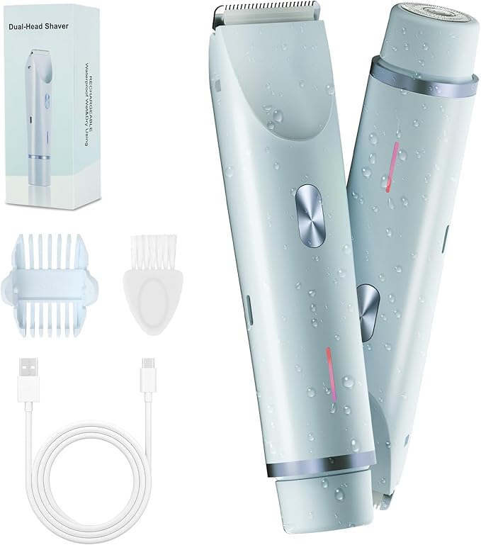2-in-1 Bikini Trimmer and Shaver Kit for Women, Electric Body Hair Trimmer Facial Hair Removal Cordless Bikini Shaver Razor for Face Lip Chin Pubic Underarm Legs, Blue