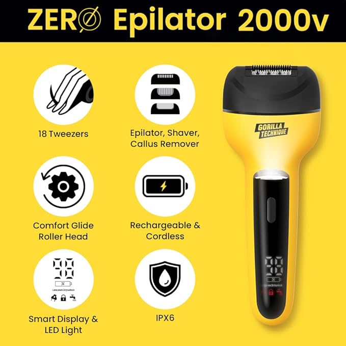 Gorilla Technique 3-in-1 Epilator 2000V, Facial & Body Hair Removal Device, Pain Relief Roller, Cordless Rechargeable Electric Tweezers & Shaver & Callus Remover, Women & Men, Korean Skin Care - 2000V