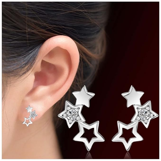 Bohemia Star Climber Crawler Earrings Silver Crystal Star Ear Climber Earrings Cluster Star Studs Earring Festival Earrings Jewelry for Women and Girls (Silver)