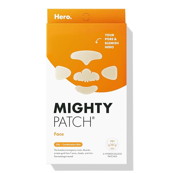 Hero Cosmetics Mighty Patch™ Face Patch - XL Hydrocolloid Face Mask for Acne, 5 Large Pimple Patches for Zit Breakouts on Nose, Chin, Forehead & Cheeks (1 Count)