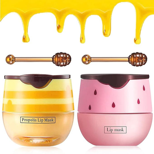 2Pcs Bee Lip Balm Honey Pot, Honey & Strawberry Lip Balm Moisturizing Lip Sleep Mask with Stick Hydrating & Prevention Dry and Cracked Lip Scrubs Exfoliator, Reduces Lip Lines