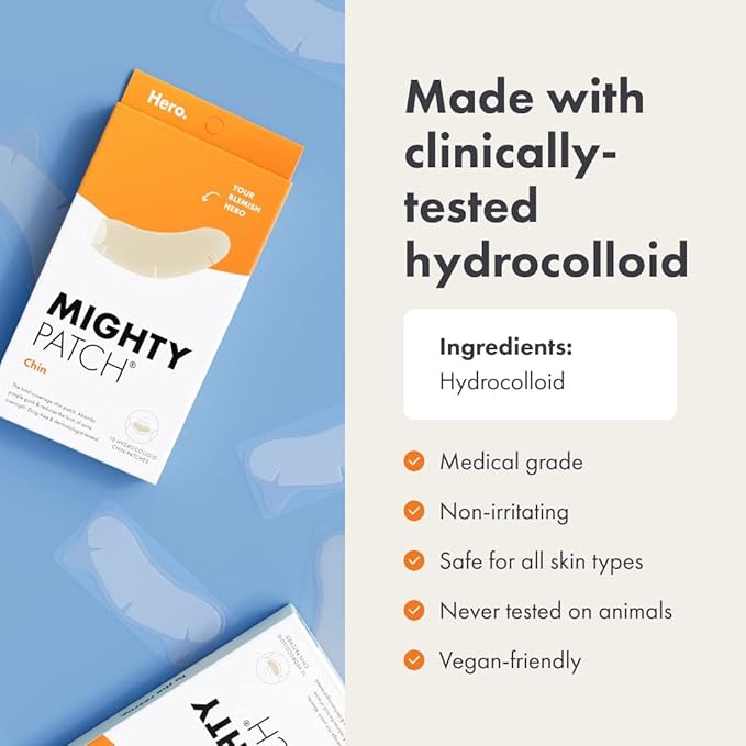 Hero Cosmetics Mighty Patch™ Chin Patch - XL Contoured Hydrocolloid Chin Patch for Blemishes and Pimples - Non-Irritating (10 Count)