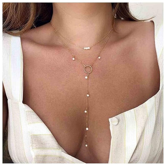 Boho Circle Pearl Lariat Necklace Gold Long Lariat Chain Necklace Tiny Pearl Choker Necklace Drop Pearl Chain Y Necklace Jewelry for Women and Girls Gifts