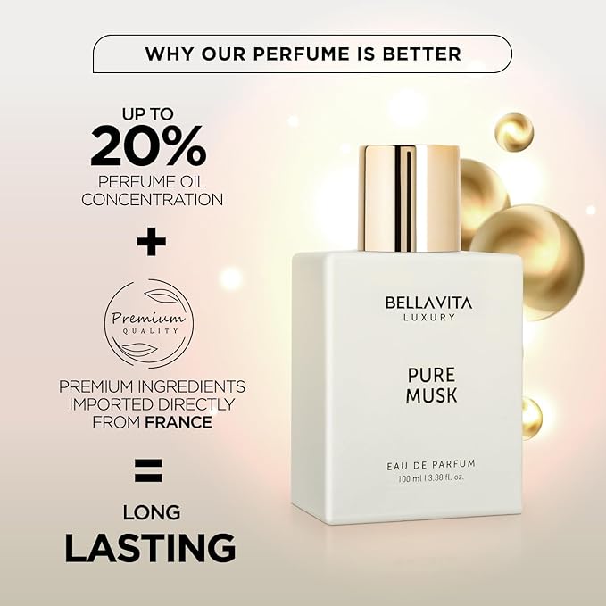 BELLAVITA Luxury Pure Musk Unisex Perfume | Notes of Lily of the Valley, Sandalwood and Tonka | Long Lasting Eau De Parfum for Men and Women | Premium, Woody, Animalistic Fragrance