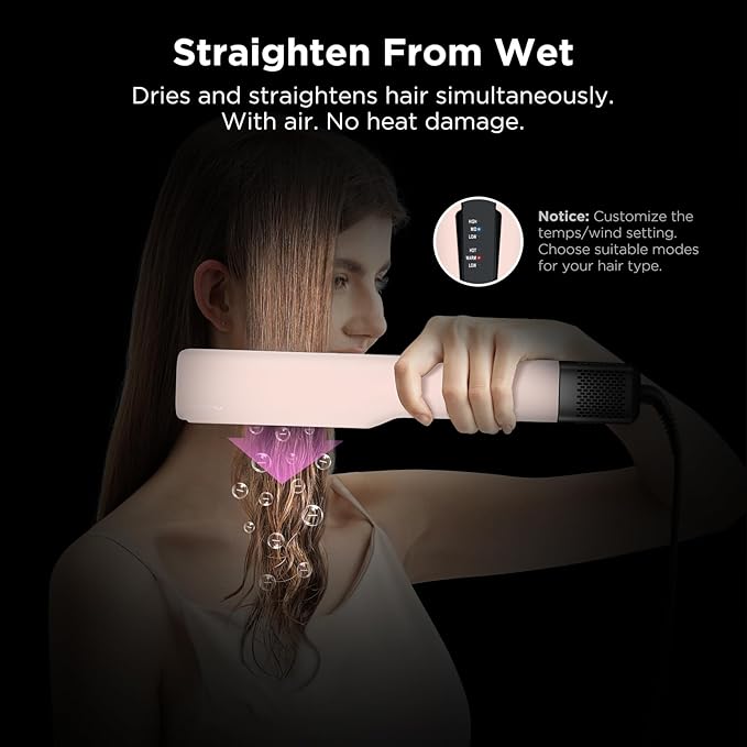 IG INGLAM Air Straightener, Style from Wet Hair, 2.2" Hair Dryer Straightener, 200M Negative Ionic, One-Step Air Straight for Medium and Long Hair(14"-30"), Pink
