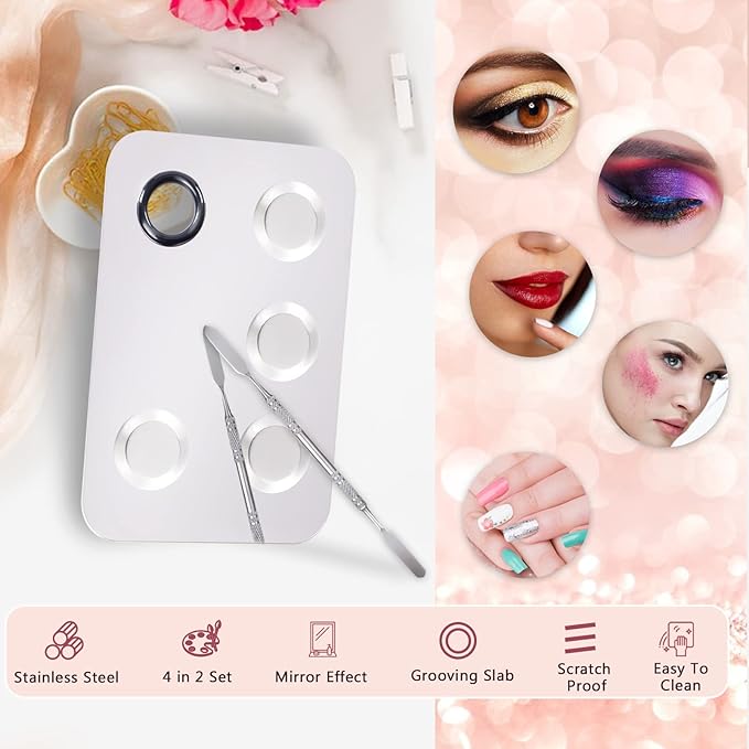 4 in 2 Set Makeup Mixing Palette, Makeup Palette for Foundation, Makeup Mixing Tray, Stainless Steel Mixing Tray with Spatula for Mixing Foundation Eye Shadow Nail Art, Makeup Foundation Mixing Tray