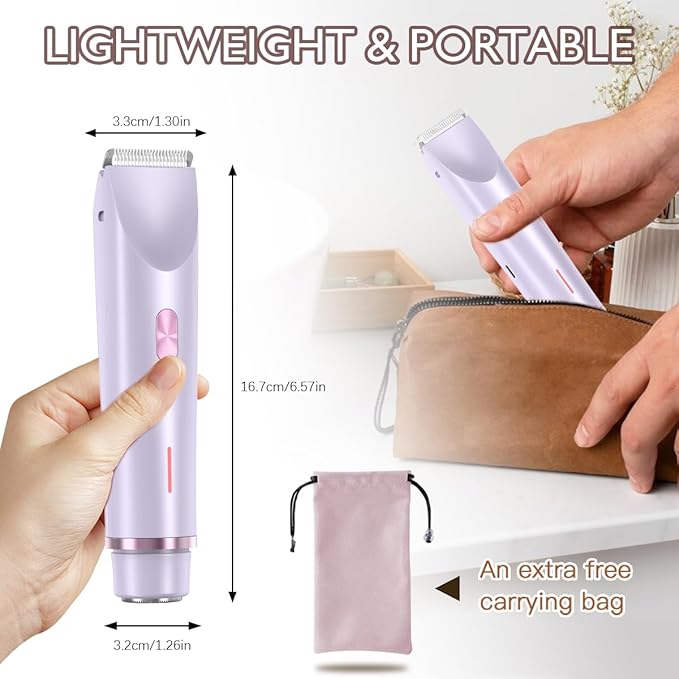 Bikini Trimmer for Women, 2 in 1 Dual-Head Electric Shaver for Women Pubic Hair, Waterproof Wet/Dry Use Body Hair Trimmer and Face Razors, Rechargeable Hair Removal for Bikini Legs Face Underarm Arm