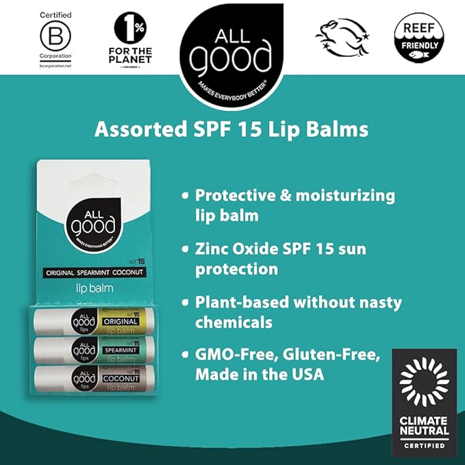 All Good Organic SPF15 Lip Balm - Hydrating Lip Care with Olive Oil, Beeswax, Calendula, Lavender, Vitamin E - Lip Moisturizer with Zinc Oxide Protection - Original, Spearmint & Coconut (6-pack)