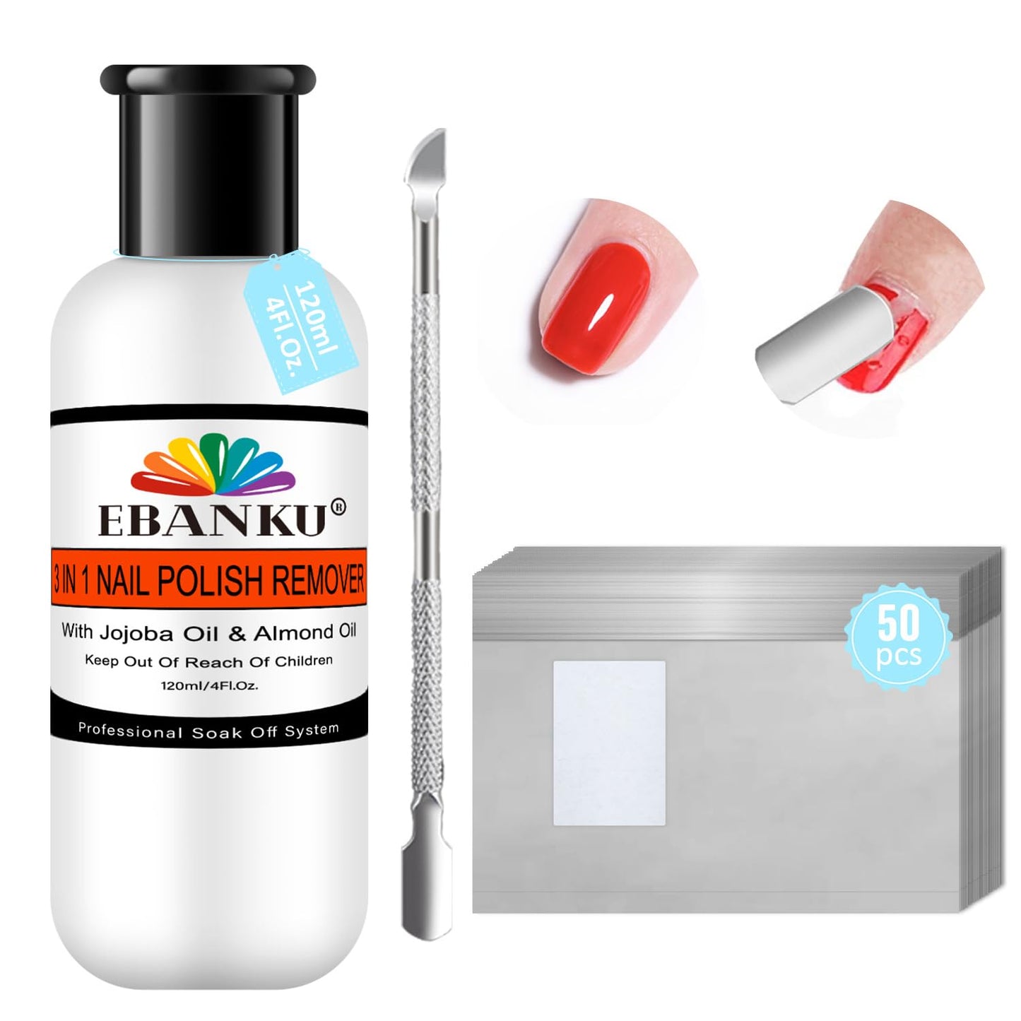 EBANKU Nail Polish Remover Kit, 120ML Professional Soak off Gel Remover with 50pcs Nail Foil and Tools for Nail Moisturizing & Care, Acrylic Dip Powder Nails Remover