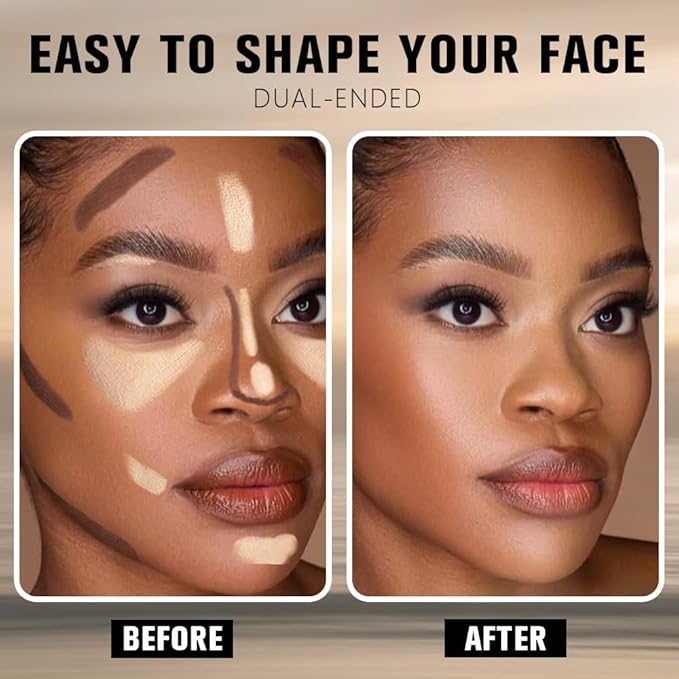Dual-Ended 2-in-1 Cream Contour & Highlighter Stick – Waterproof, Long-Lasting for Face & Body Makeup, Suitable for All Skin Tones, 04#Nude Brown + Nude