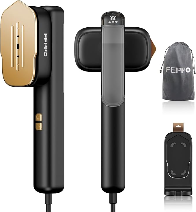 FEPPO Travel Steamer for Clothes, 110-240V Dual Voltage Portable Mini Steamer & Iron 2in1, 1100W Powerful Garment Steamer, Fast Heat Up, Travel Size, HD Display, for Home & Global & Europe Travel