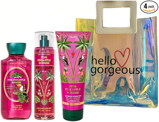 Bath & Body Works - 3 Piece Bundle - Spray - Body Cream - Shower Gel - Full Size and Gift Bag HELLO GORGEOUS (Pink Pineapple Sunrise)