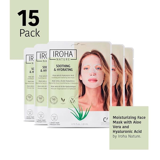 IROHA NATURE Comforting & Hydrating Tissue Face Mask with Aloe Vera | 15 Pieces | Aftersun Effect | 96% Natural Ingredients