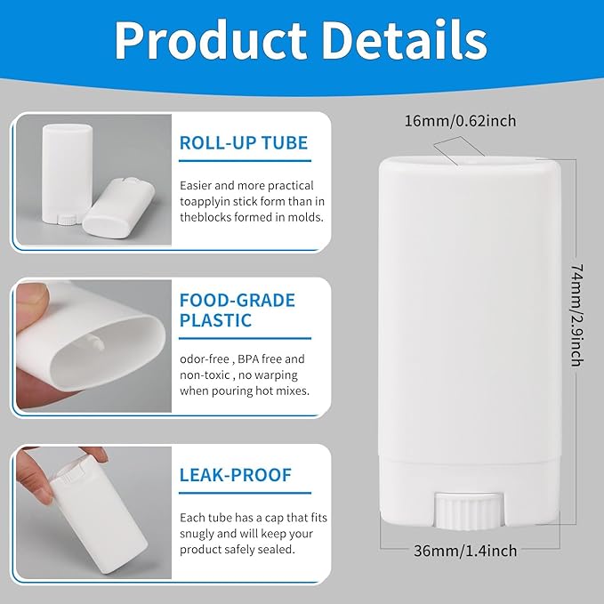 100PCS 15ML White Empty Oval Deodorant Lip Lipstick Balm Tubes Containers for DIY Homemade Crayon Chapstick Holder