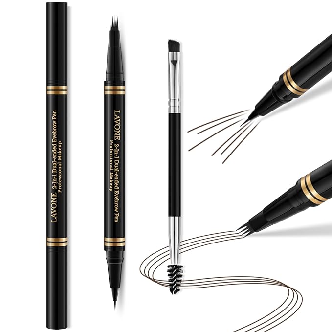 Eyebrow Makeup Kit - 4 Tip Waterproof Microblading Pencil, Eyeliner, Pomade, Dual-ended Brush - Natural Looking - Ebony