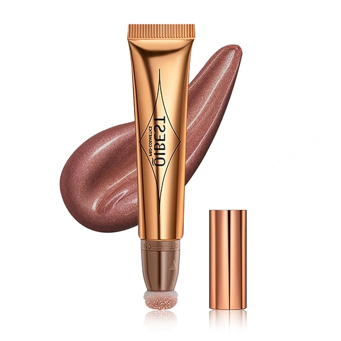 Highlighter Beauty Wand, Cream Liquid Highlighter Makeup Stick, Silky Smooth Face Shimmer Bronzer Stick with Cushion Applicator, Lightweight Body Face Glowing Highlighter, Cruelty-free（Rose Gold）