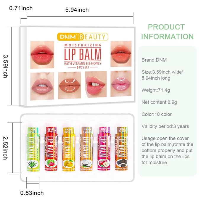 evpct 6Pcs Classic Fruit Flavour Flavored Lip Balm Set for Lip Care Chafed Chapped Cracked Lips,Natural Vitamin E Honey Aloe Vera Watermelon Mango Coconut Milk Apple Chocolate Moisturizing Lip Balm 2