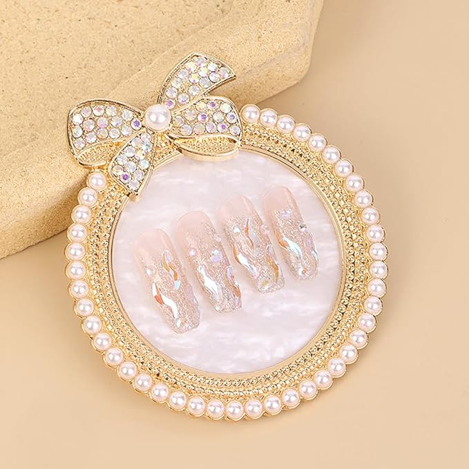 2 Pack Bow with Rhinestones Pearl Nail Art Palette Nail Polish Art Painting Mixing Palette Holder Pearl Edge Professional Cosmetic Nail Art Tools for Women and Girls Nail Polish Display