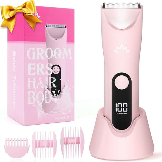 Dermave Bikini Shaver Bikini Trimmer for Women,Cordless Pubic Hair Trimmer,IPX7 Waterproof & LED Display Ladies Electric Razors Body Hair Trimmers for Underarm Leg Arm,Gifts Pink