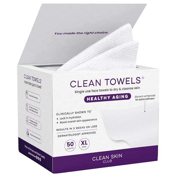Clean Skin Club Clean Towels XL Healthy Aging™, Smooths Fine Lines Wrinkles & Texture In 6 Weeks, Treated for Extra Softness, Disposable Face Towels, Anti Aging Makeup Remover Dry Wipe (50 Ct, 1 Pack)