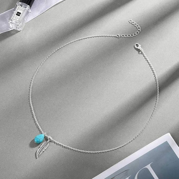 Boho Turquoise Necklaces Silver Feather Pendant Necklace Chain Short Delicate Dainty Necklaces Jewelry for Women