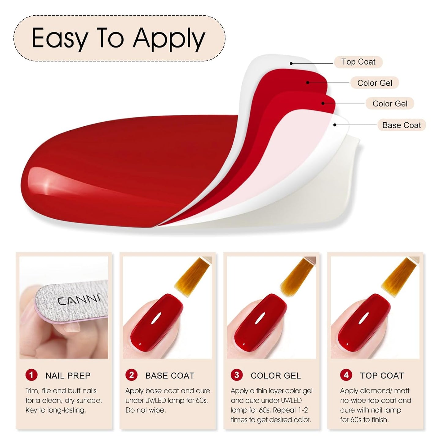 CANNI Gel Nail Polish Red Colors, 1Pcs Red Gel Polish High Gloss Soak Off UV Nail French Nail Manicure Salon DIY