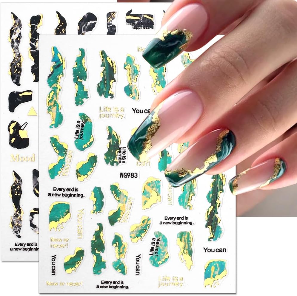 3D Marble Nail Stickers - 6 Color Marble Decals, Blooming Nail Art, Bronzing & Watercolor Smudge Resistant, Self-Adhesive Gold Foil Designs