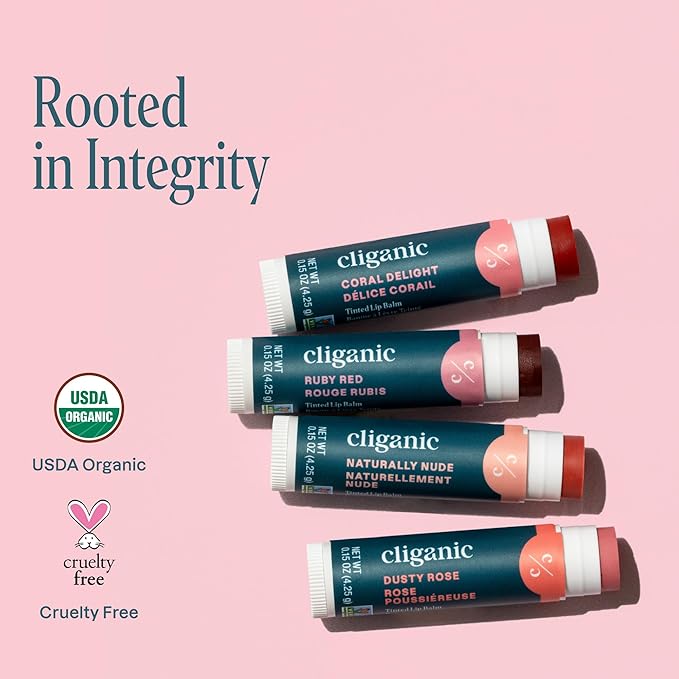 Cliganic Tinted Lip Balm - Non-GMO, 4 Colors - Enriched with Vitamin E, Cruelty Free (Packaging May Vary)