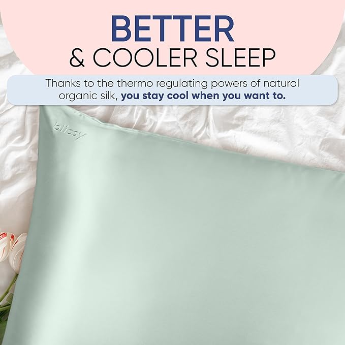 Blissy Silk Pillowcase - 100% Pure Mulberry Silk - 22 Momme 6A High-Grade Fibers - Silk Pillow Cover for Hair & Skin - Regular, Queen & King (Matcha, Queen)