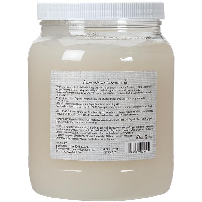 Ginger Lily Farms Botanicals Revitalizing Organic Sugar Scrub, All-Natural Skin Exfoliating Sugar Crystals, 100% Vegan & Cruelty-Free, Lavender Chamomile, 64 oz.
