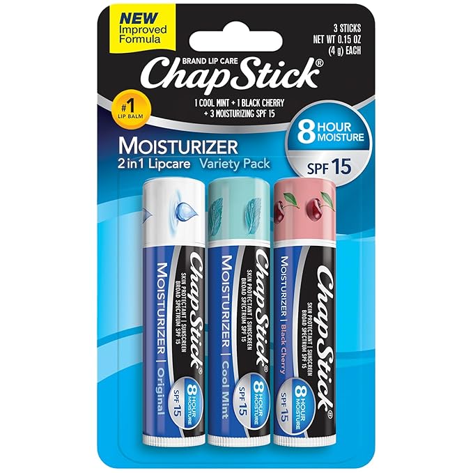 ChapStick Moisturizer Original, Black Cherry and Cool Mint Lip Balm Tubes Variety Pack, SPF 15 and Skin Protectant - 0.15 Oz (Pack of 3)