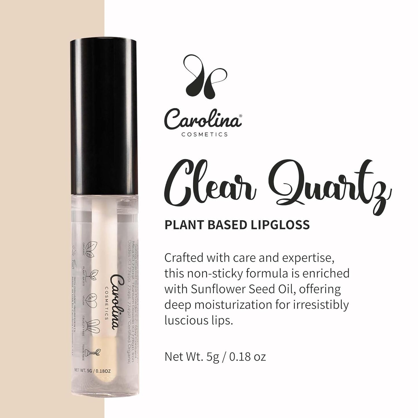 Clear Quartz Lip Gloss with Sunflower Seed Oil - Hydrating, Vegan, Non-Sticky - With Cacao & Grape Seed Oils - 5g/0.18oz