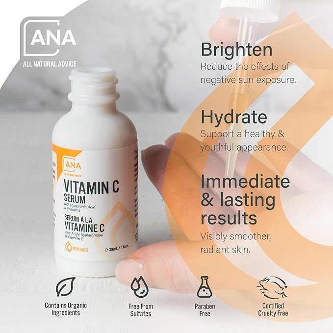 All Natural Advice Vitamin C Serum 30mL | 20% Vitamin C Face Serum Solution with Organic Botanicals, Hyaluronic Acid & Vitamin E | UV-Shielding Glass Bottle with Dropper | Canadian Skin Care
