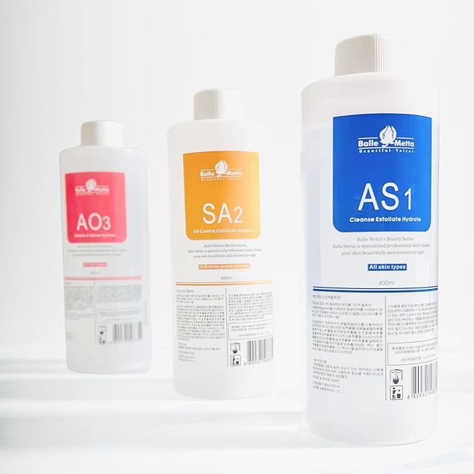 BRÜUN Hydrogen Oxygen Facial Machine Serums for Facial Cleansing – A Pack of 400ml 3 Aqua Peeling Solution AS1, SA2, and AO3 –Skin Care Hydra Solution for Vacuum face Cleaning Jet for Home and Spa