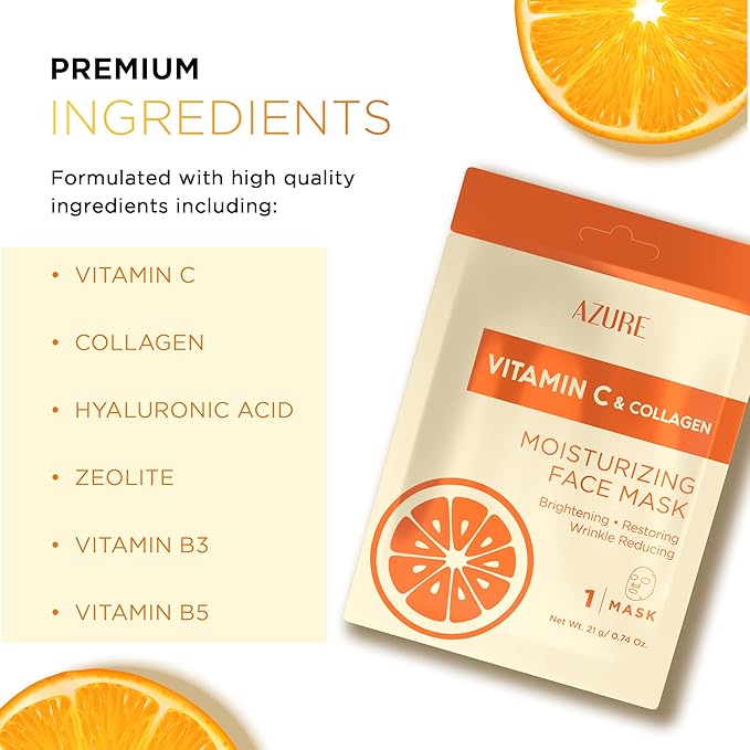 Azure Cosmetics Vitamin C & Collagen Moisturizing Facial Sheet Mask- Anti Aging, Deeply Moisturizing & Firming - Improves Elasticity - Skin Care Made in Korea - Pack of 5
