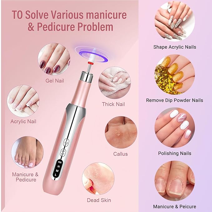 Electric Nail Drill File Cordless,Portable Rechargeable Nail File Kit for Acrylic & Gel Nails,Professional Efile for Manicure Pedicure Polishing,with 12 Nail Drill Bits 31 Sanding Bands,Rose Gold