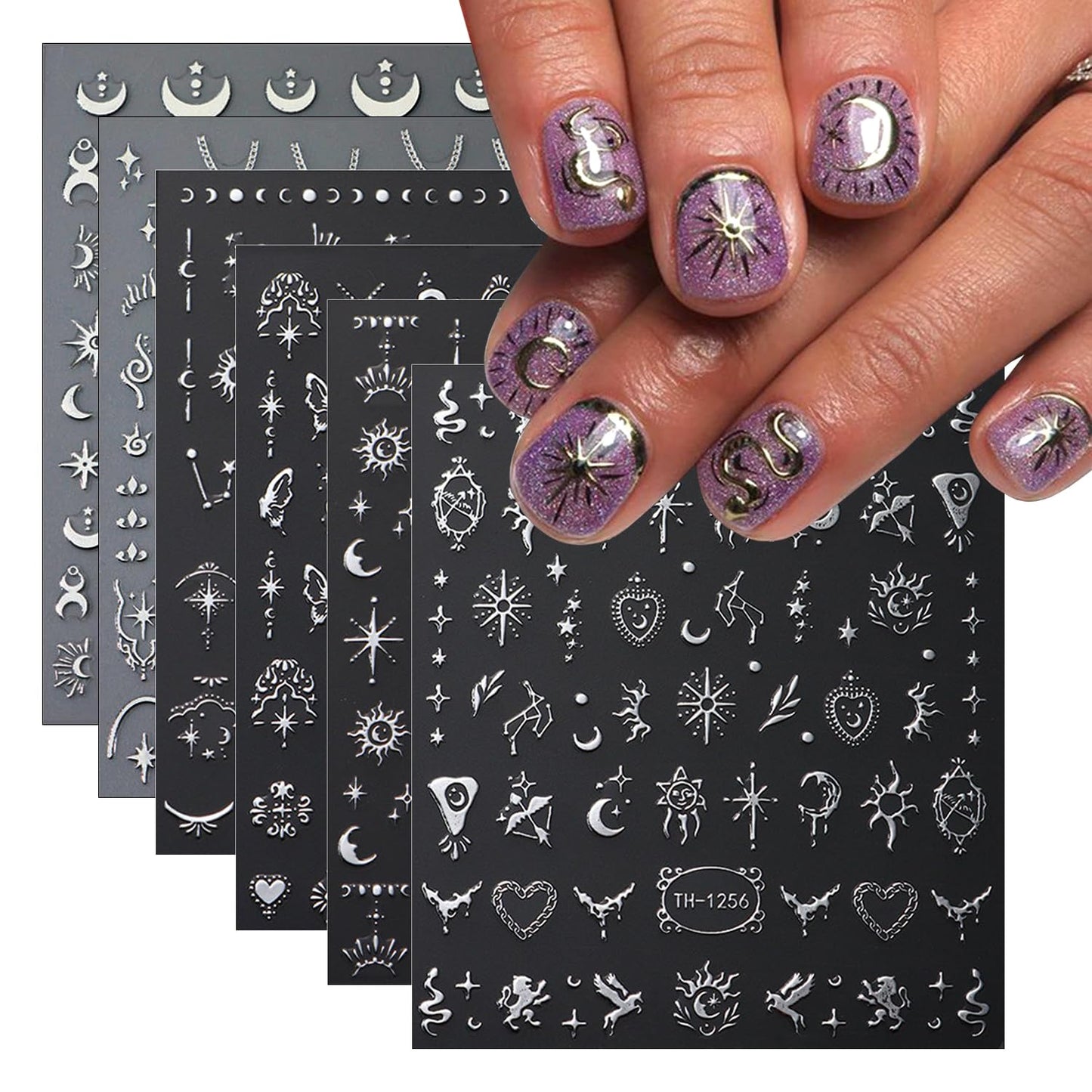 6 Sheets Metallic Nail Art Stickers Decals-3D Self-Adhesive Sun Stars Moon Nail Design Luxury Silver Metallic Nail Supplies Designer Nail Stickers for Women Acrylic Nails Decorations Accessories Craft