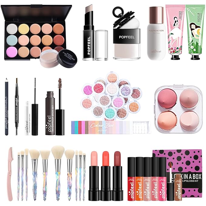 All-in-one Holiday Make up Gift Set | Makeup Kit for Women Full Kit Essential Starter Bundle Include Eyeshadow Palette Lipstick Blush Foundation Concealer Face Powder Mascara Lipgloss Brush