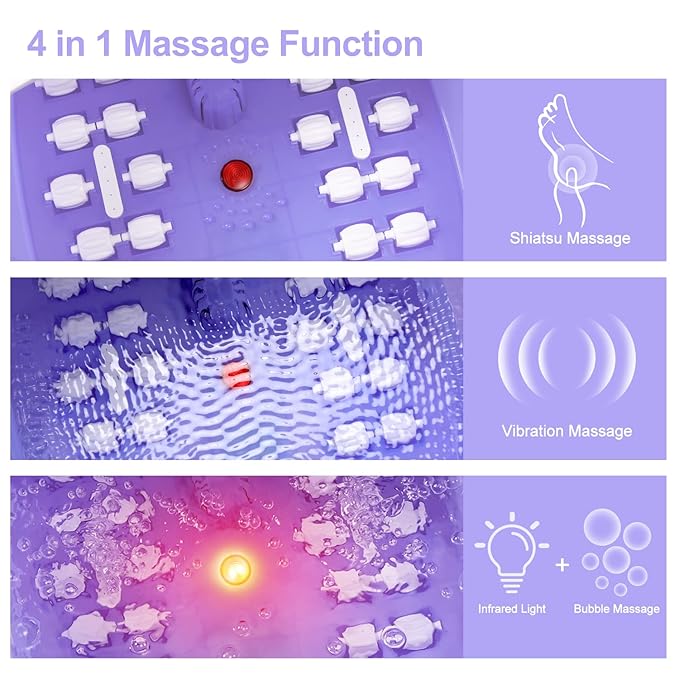 Foot Spa Bath Massager with Heat Bubbles and Vibration Massage and Jets, 16 OZ Calming Lavender Foot Soak Epsom Salt, MoodRelish Foot Soaker With Red Light, 22 Massage Rollers, Adjustable Temp -Purple