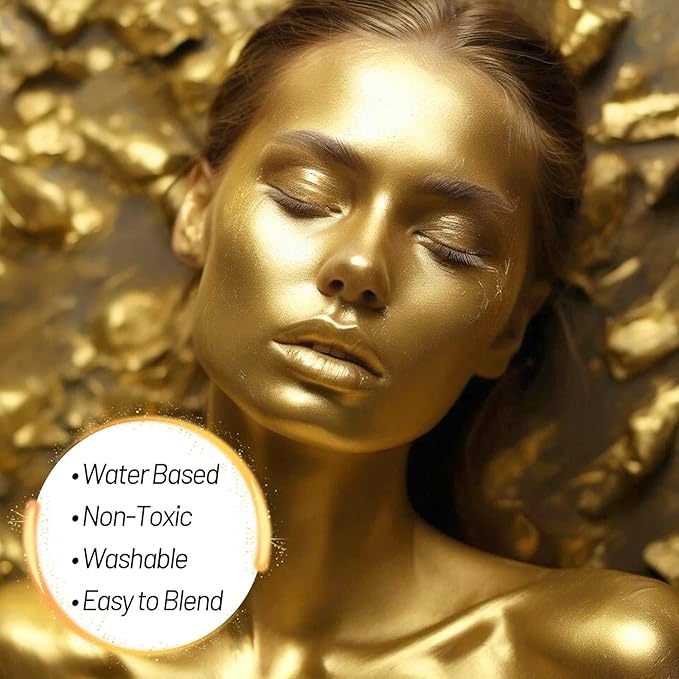 Gold Water Based Face Body Paint, 2.37 OZ Large Tube Full Coverage Face Paint for Skull Goth Cosplay Makeup, Washable Metallic Gold Body Painting Cream for Adult Carnival Halloween SFX Makeup