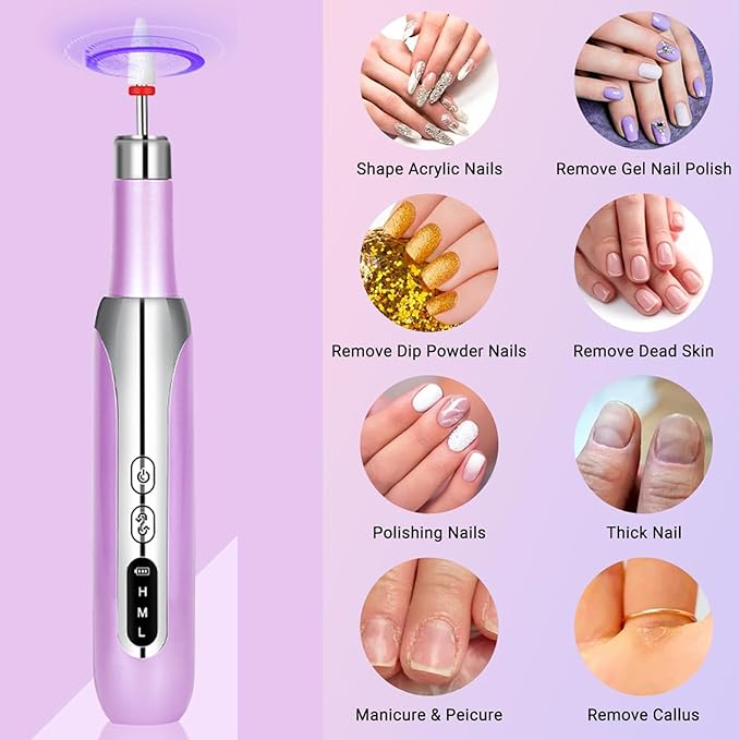 Electric Nail Drill File Cordless,Portable Rechargeable Nail File Kit for Acrylic & Gel Nails,Professional Efile for Manicure Pedicure Polishing,with 12 Nail Drill Bits 31 Sanding Bands,Purple