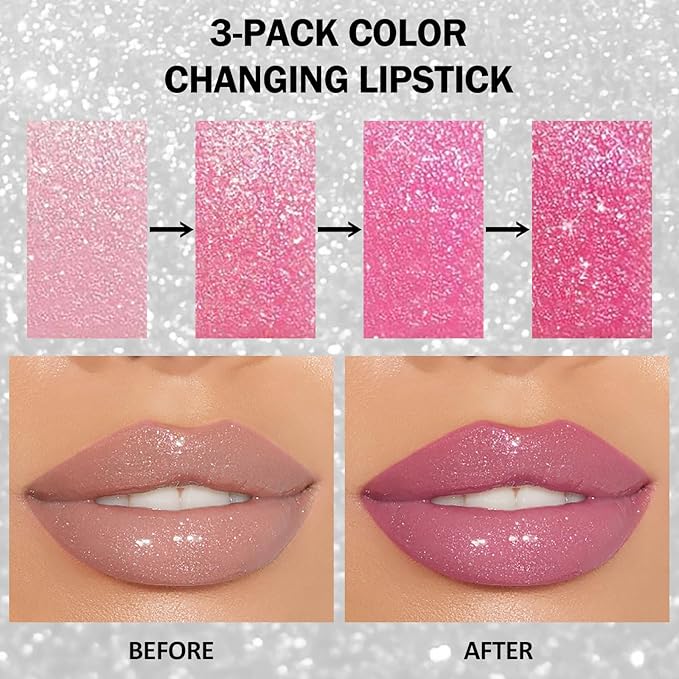 DAGEDA 3PCS Glitter Lipstick, Moisturizing Glossy Color Changing Lip Balm, Long Lasting Shimmer Lipstick, Nonstick Color Change Lipstick, Waterproof Glitter Lip Balm for Festival