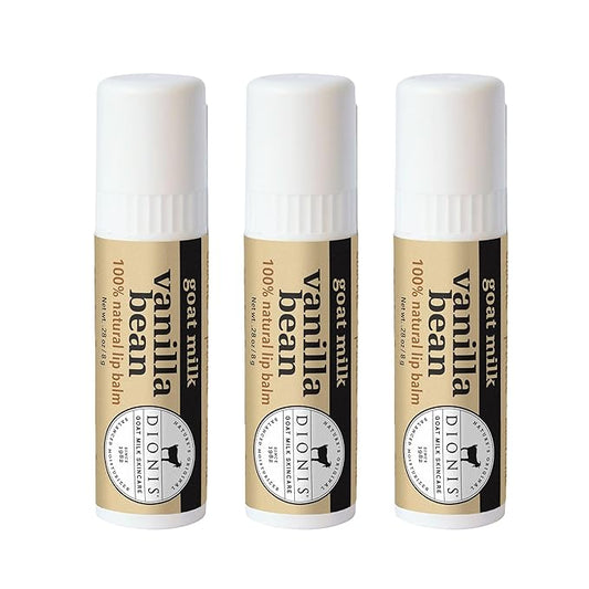 Dionis Goat Milk Skincare Vanilla Bean Holiday Lip Balm Gift Set - Beeswax, Shea Butter & Coconut Oil Lip Care Products Made in The USA - Cruelty Free Lip Moisturizer For Chapped Lips, 0.28oz 3 Pack